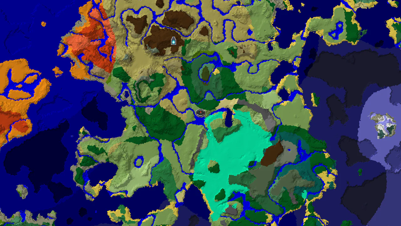 A 2D top-down biome map centered on spawn, showing a large Plains area, significant Forest, and nearby River, Swamp, and Savanna biomes, with a marker for an Ancient City to the south.