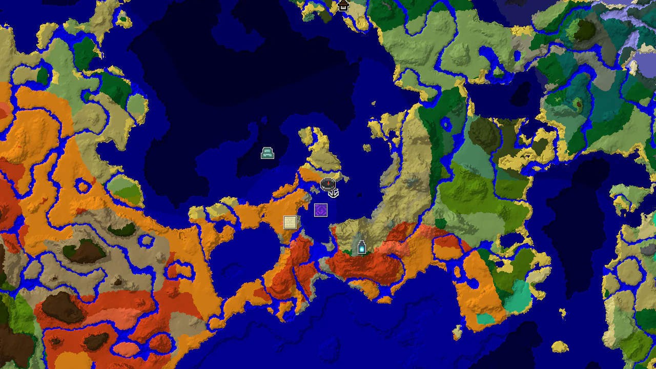 A 2D top-down biome map centered on spawn, showing an Ancient City, Ruined Portal, Shipwreck, and other structures amidst desert, ocean, and savanna biomes.