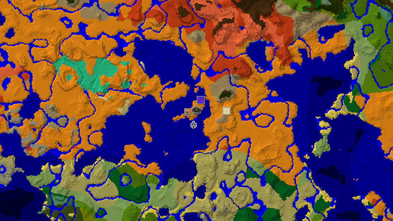 A 2D top-down biome map centered on the spawn point in a desert, with nearby markers for a village, ruined portal, and shipwreck.