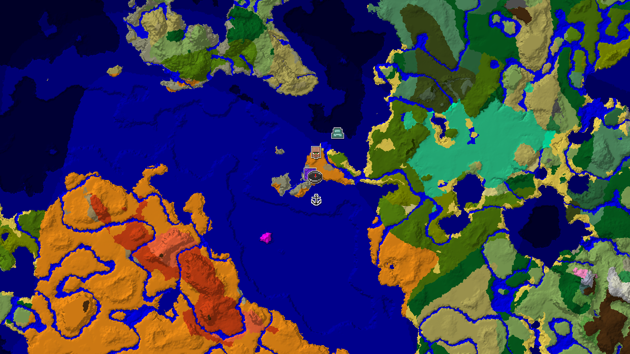 A 2D biome map centered on spawn, showing a large desert island, surrounded by warm ocean, with markers for a ruined portal, shipwreck, and village.