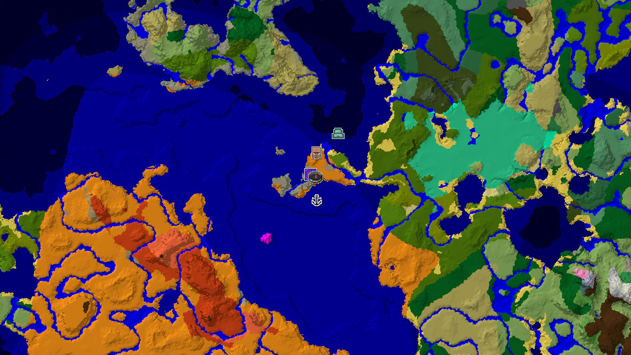 A 2D biome map centered on spawn, showing a large desert island, surrounded by warm ocean, with markers for a ruined portal, shipwreck, and village.
