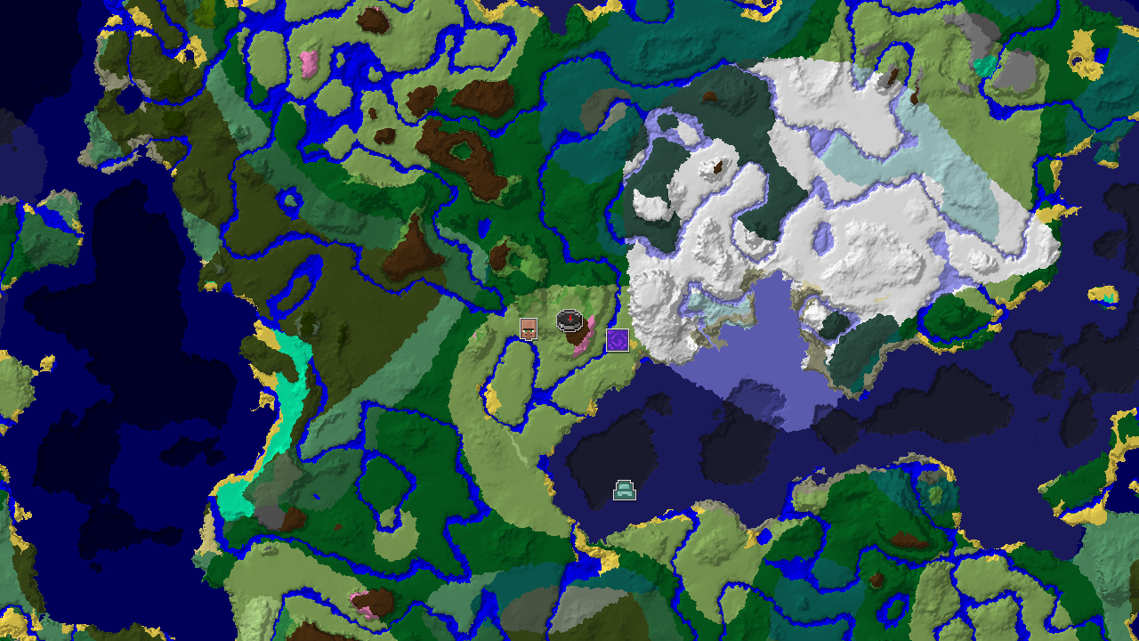 A top-down 2D biome map centered on spawn, showing a meadow, plains, and nearby snowy plains, with markers for a village, ruined portal, and ocean monument.