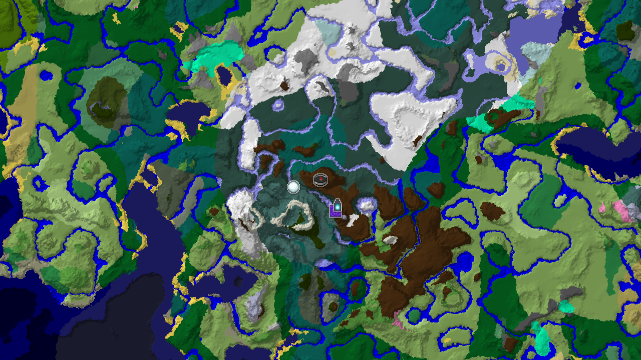 A 2D biome map centered on spawn, showing snowy taiga, taiga, frozen river, and grove biomes, with markers for an Ancient City, Ruined Portal, and Igloo.