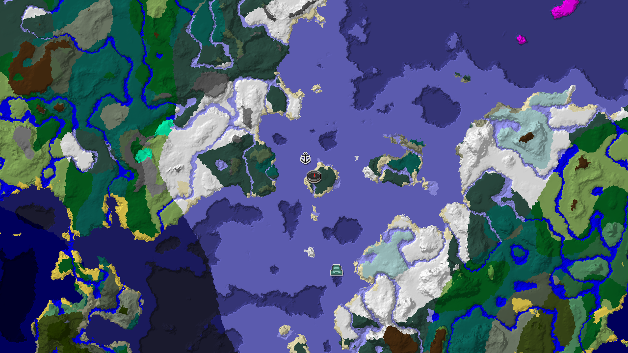 A 2D biome map centered on spawn, showing a large expanse of Frozen Ocean and Snowy Taiga, with markers for a Shipwreck and an Ocean Monument.