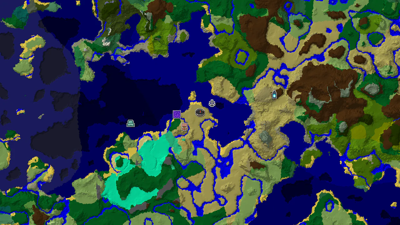 A 2D biome map centered on the spawn point, showing savanna, ocean, and forest biomes, with markers for a village, ruined portal, shipwreck, and distant ancient city.