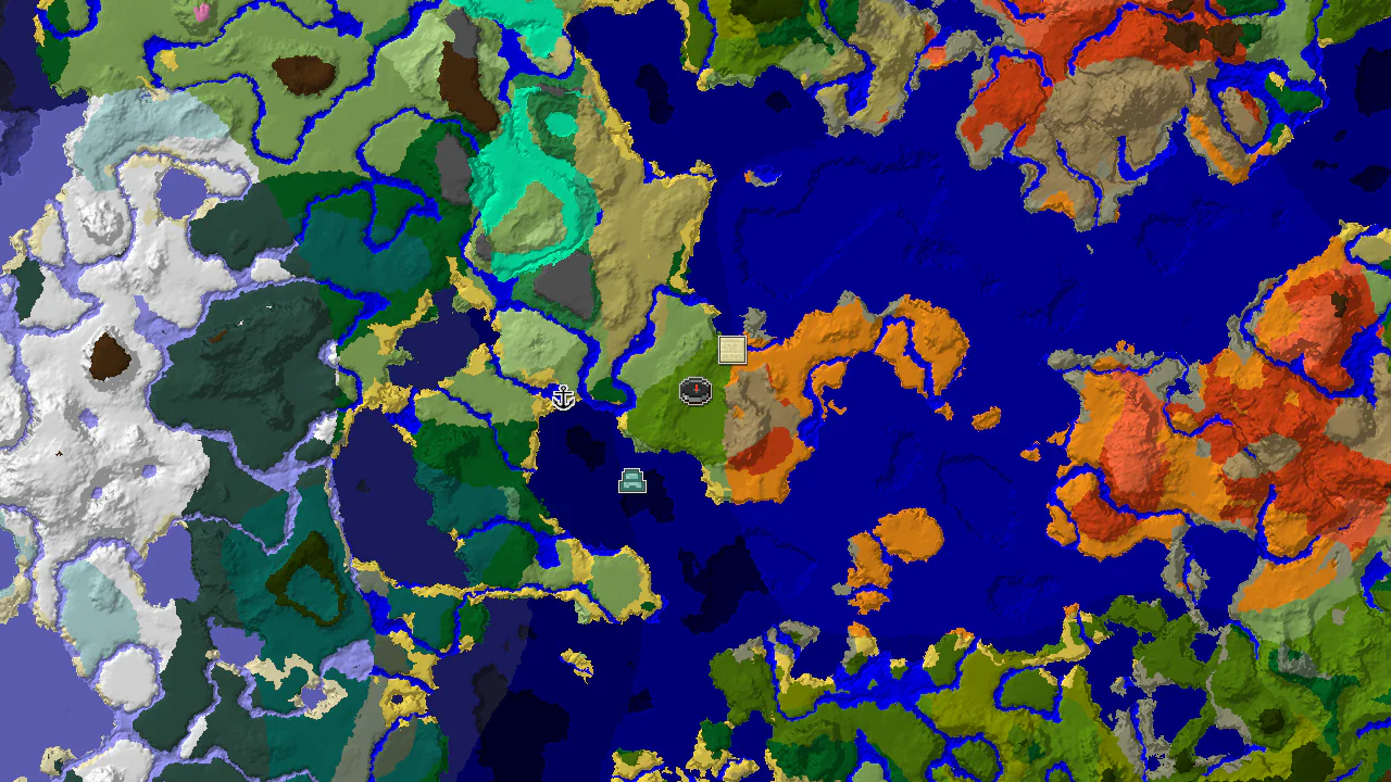 A 2D biome map centered on spawn, showing a sparse jungle surrounding the spawn point, with markers for a desert pyramid and an ocean monument.