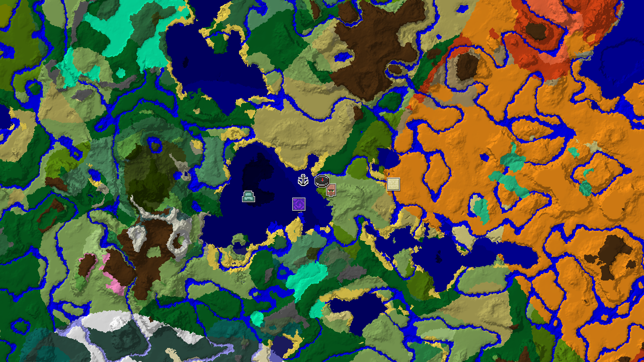 A top-down 2D biome map centered on spawn, showing plains and river biomes, with markers for a village and shipwreck.