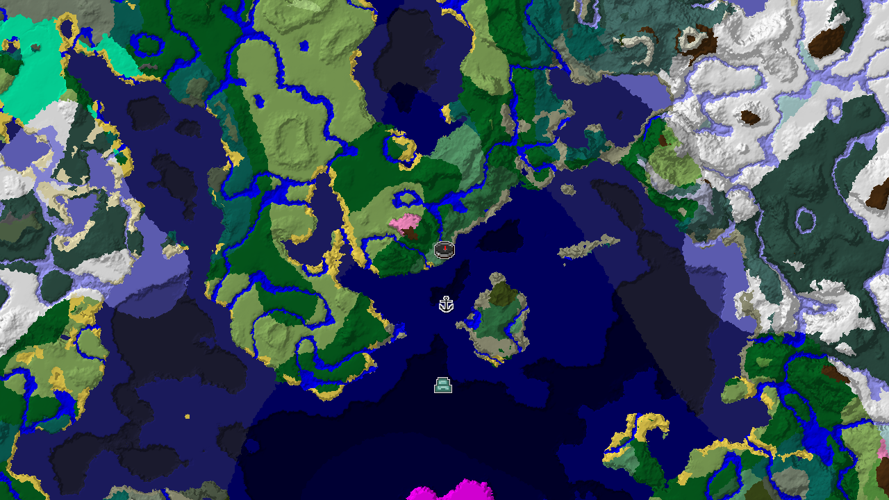 A top-down 2D biome map showing spawn in Old Growth Birch Forest, with Cherry Grove to the southeast and a vast Ocean to the north.