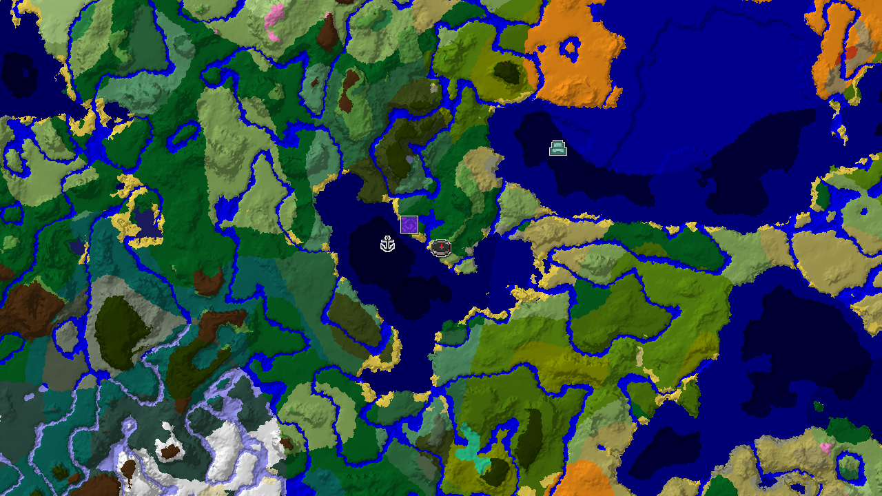 A 2D biome map centered on spawn, showing plains, forests, and oceans, with markers for an Ocean Monument, Ruined Portal, and Shipwreck.