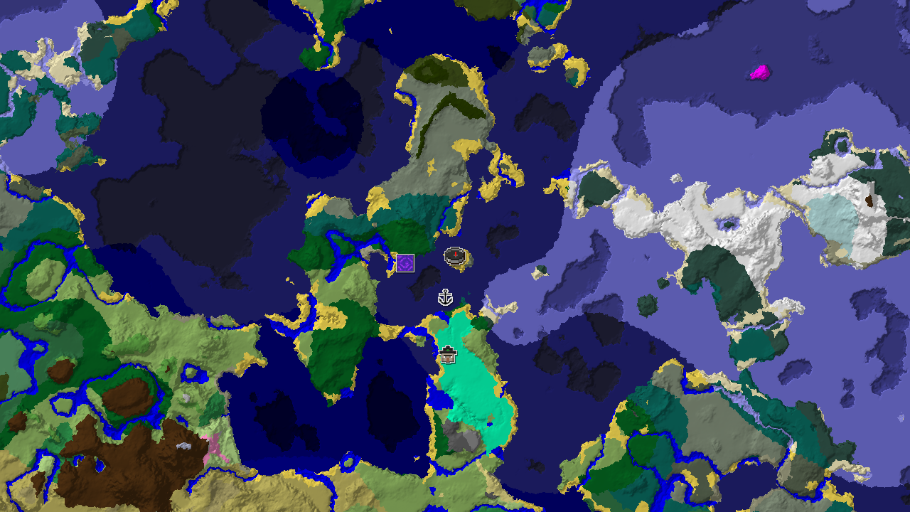 A 2D biome map centered on the spawn point, showing Old Growth Spruce Taiga, Cold Ocean, and Forest biomes, with markers for a Ruined Portal, Shipwreck, and Witch Hut.