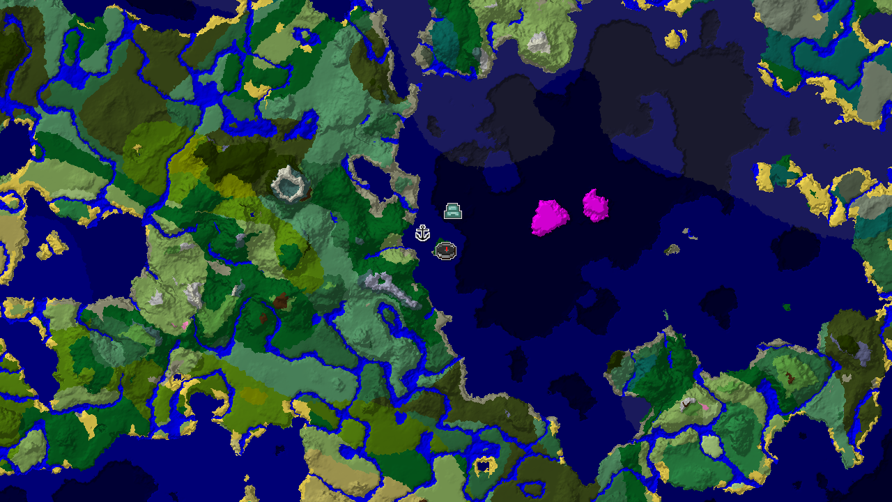 A 2D biome map centered on the spawn point, marked in a Forest biome. Markers indicate a nearby Shipwreck and Ocean Monument.