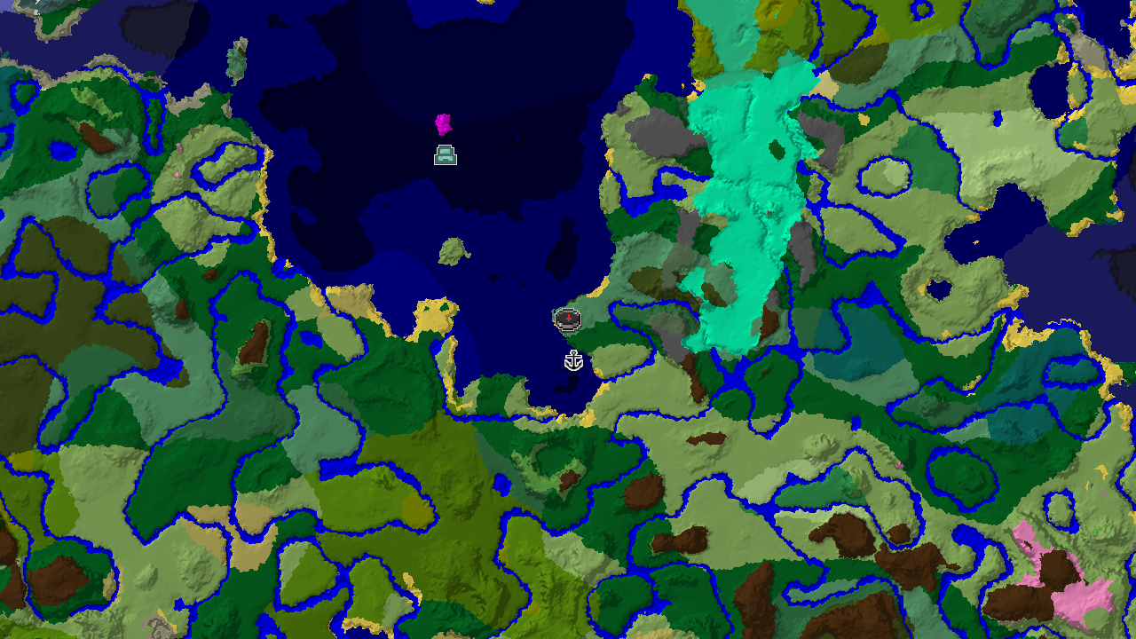 A 2D biome map centered on spawn, showing a large expanse of ocean to the west and a mix of forests and plains to the east, with a shipwreck marked near spawn.