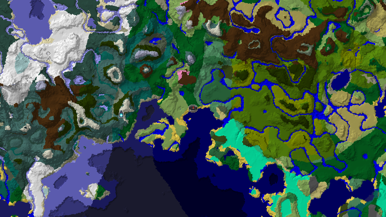 A 2D biome map centered on spawn, showing a large forest area with nearby oceans and a marker for an Ancient City.