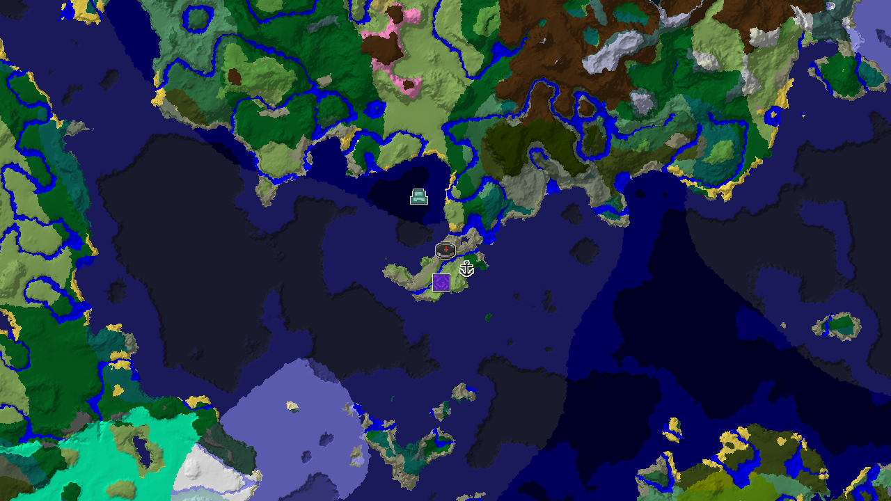 A 2D biome map centered on spawn, showing a large cold ocean with an ocean monument icon and nearby plains with shipwreck and ruined portal icons.