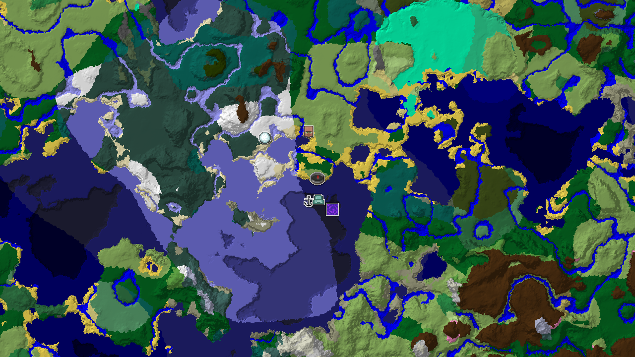 A 2D biome map centered on spawn, showing a large expanse of frozen and cold oceans, surrounded by plains and taiga, with markers for an ocean monument, shipwreck, and ruined portal.