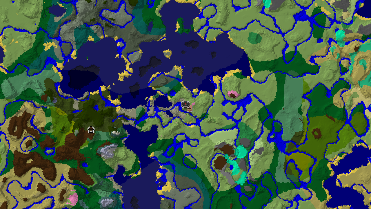 A 2D biome map centered on spawn, showing plains, ocean, and taiga, with markers for a nearby village and a more distant woodland mansion.