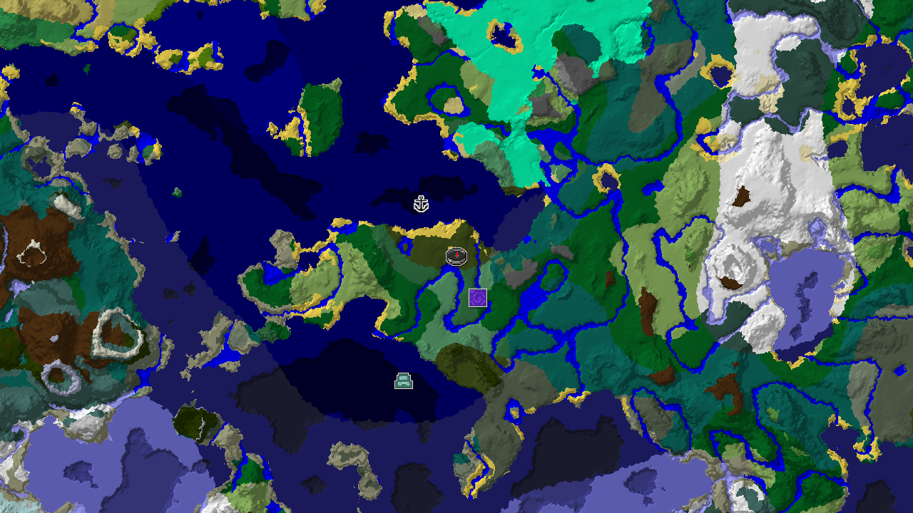 A 2D biome map centered on spawn, showing a dark forest spawn point, with markers for a nearby ruined portal, shipwreck, and an ocean monument further out in the ocean.