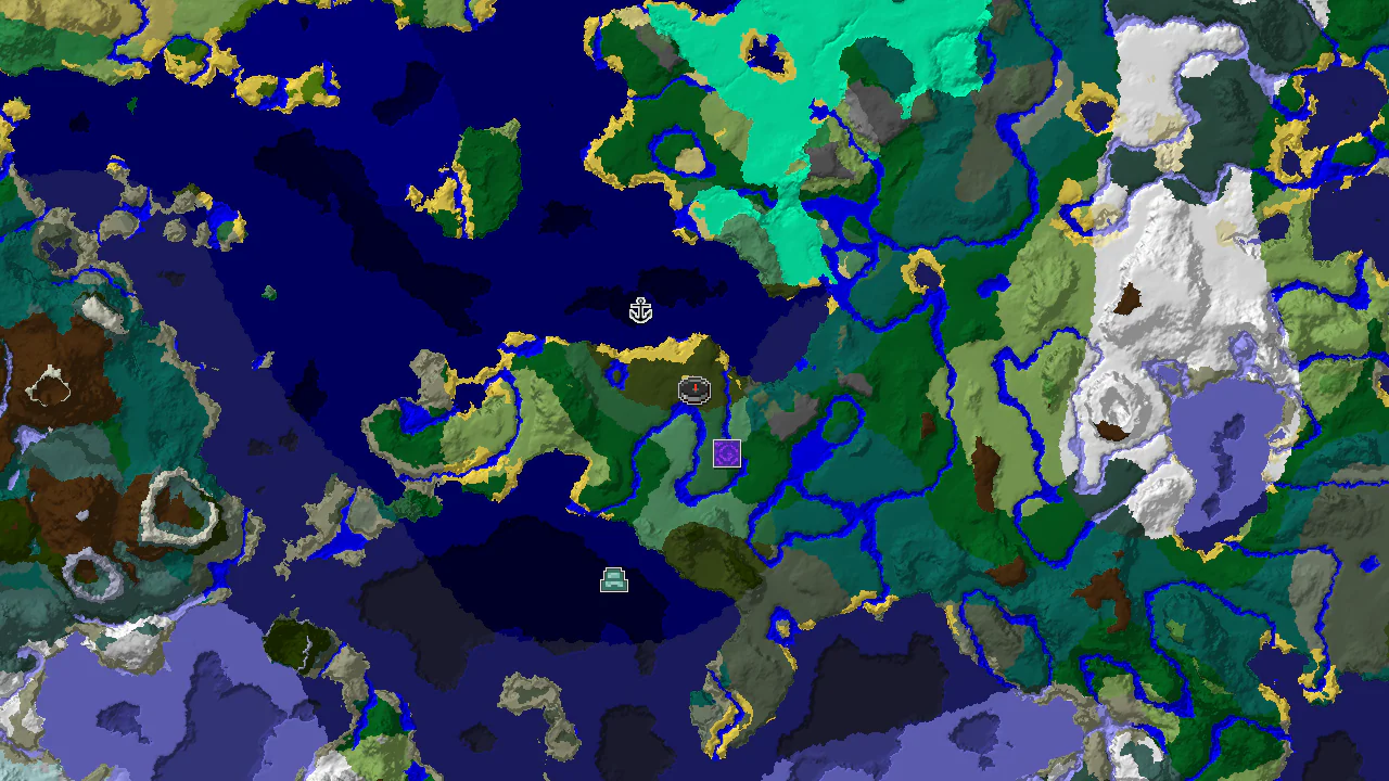 A 2D biome map centered on spawn, showing a dark forest spawn point, with markers for a nearby ruined portal, shipwreck, and an ocean monument further out in the ocean.