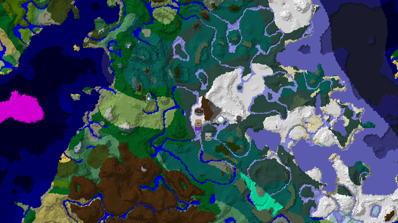 A 2D biome map centered on spawn, showing a large snowy plains biome. Markers indicate a nearby village, ruined portal, and a more distant ancient city.