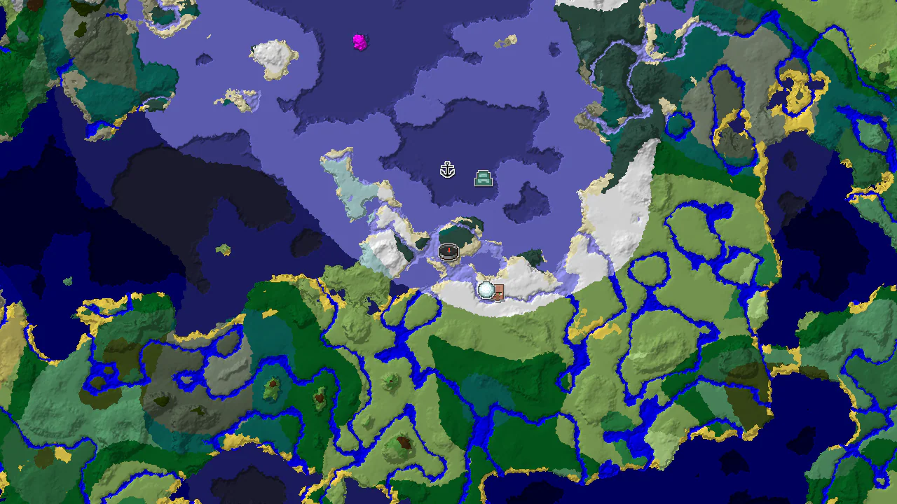 A 2D biome map centered on the spawn point, showing snowy taiga, frozen ocean, and plains, with markers for an ocean monument, village, and shipwreck.