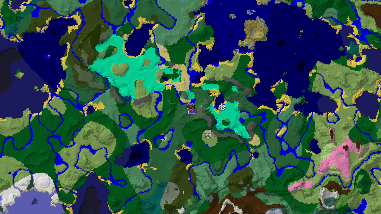 A 2D biome map centered on spawn, showing a varied landscape with birch forests, windswept savannas, and rivers, with markers for a ruined portal, shipwreck, and pillager outpost.