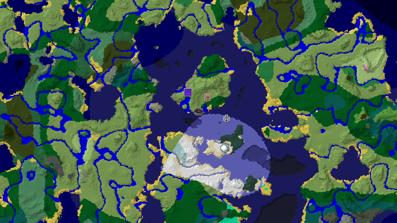 A 2D biome map centered on spawn, showing a large blue ocean, green plains, and a nearby village marker.