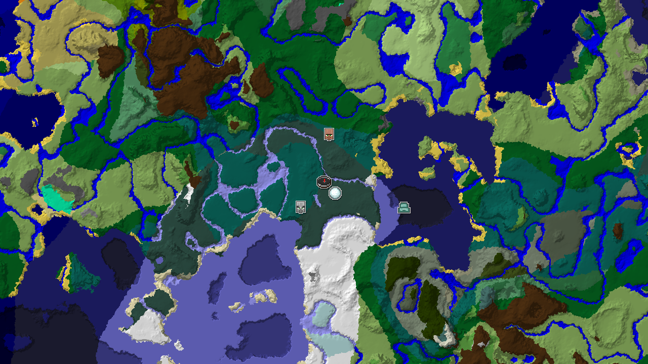 A 2D biome map centered on spawn, showing a large snowy taiga area, a nearby Ocean Monument icon, and a Pillager Outpost icon.