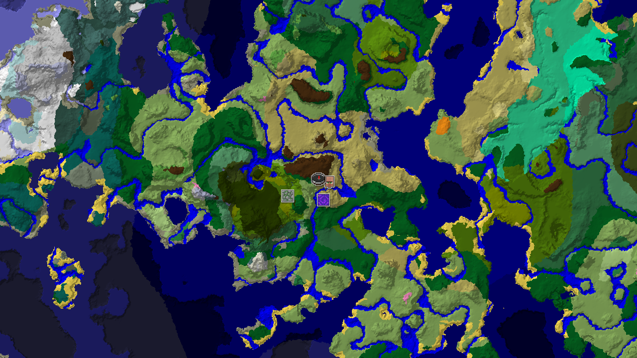 A 2D biome map centered on spawn, showing savanna, forest, and plains biomes, with markers for a village and a jungle temple.