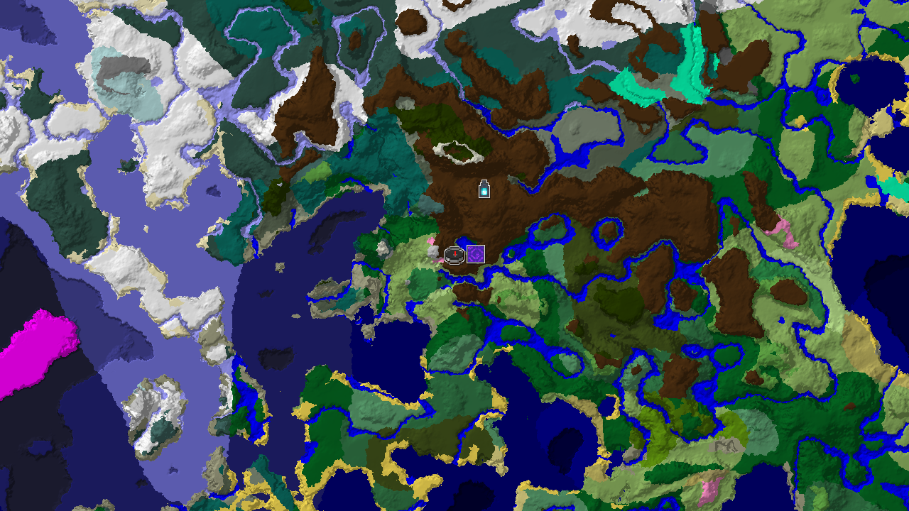 A 2D biome map centered on spawn, showing plains, rivers, and various forest and taiga biomes, with a marker for an Ancient City.