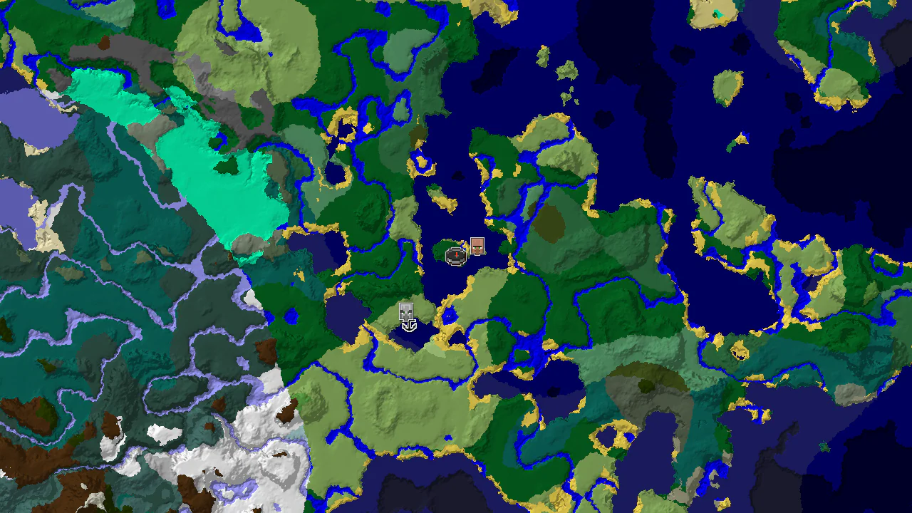A 2D biome map centered on spawn, showing a Forest and Plains island surrounded by Ocean, with markers for a close village and more distant structures.