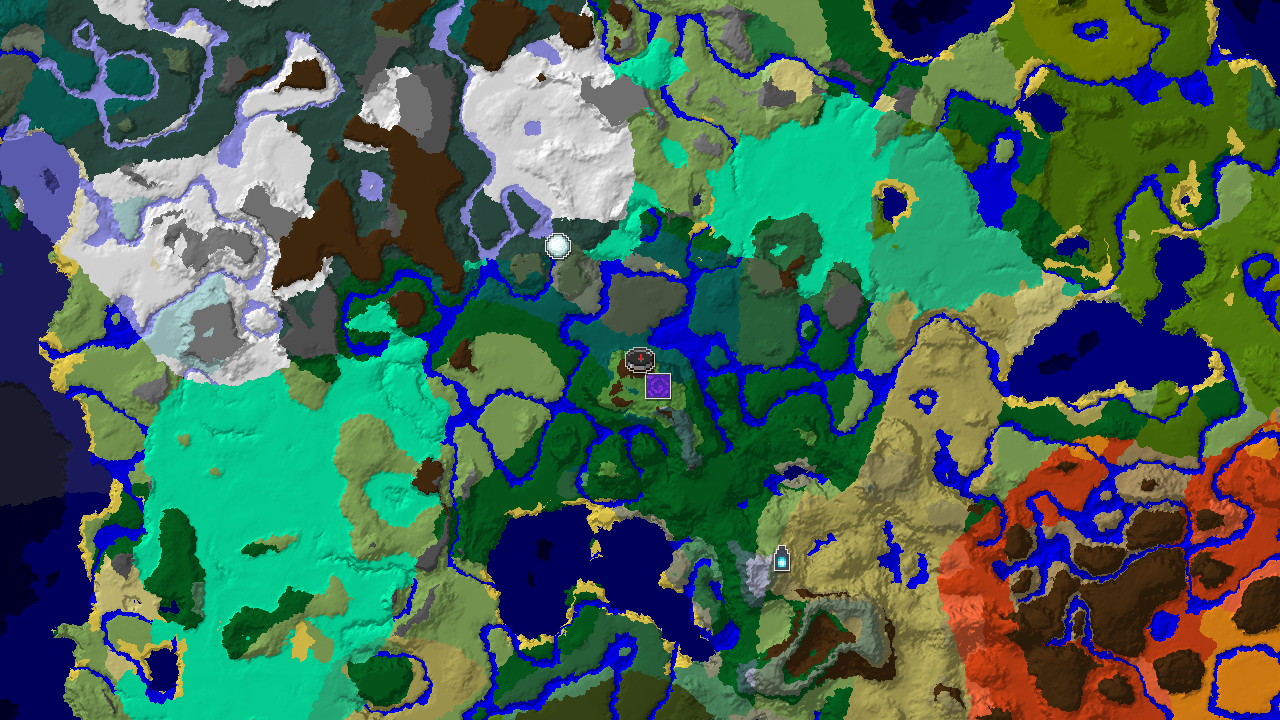A top-down 2D biome map, centered on the spawn point, shows a diverse landscape including large forests, taigas, rivers, and snowy plains. Markers indicate the spawn and nearby structures like a ruined portal and igloo.