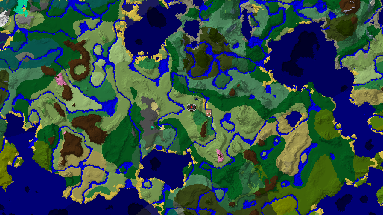 A 2D biome map centered on the spawn point, showing plains, forests, and an ocean, with markers for a village and a flower forest.