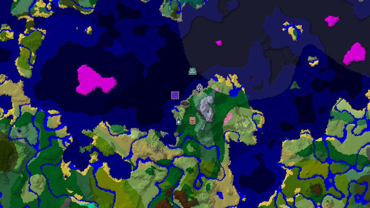A top-down 2D biome map centered on spawn, showing a Forest spawn point with markers for a nearby Ancient City, Ruined Portal, Village, and Shipwreck, alongside various ocean and mountain biomes.