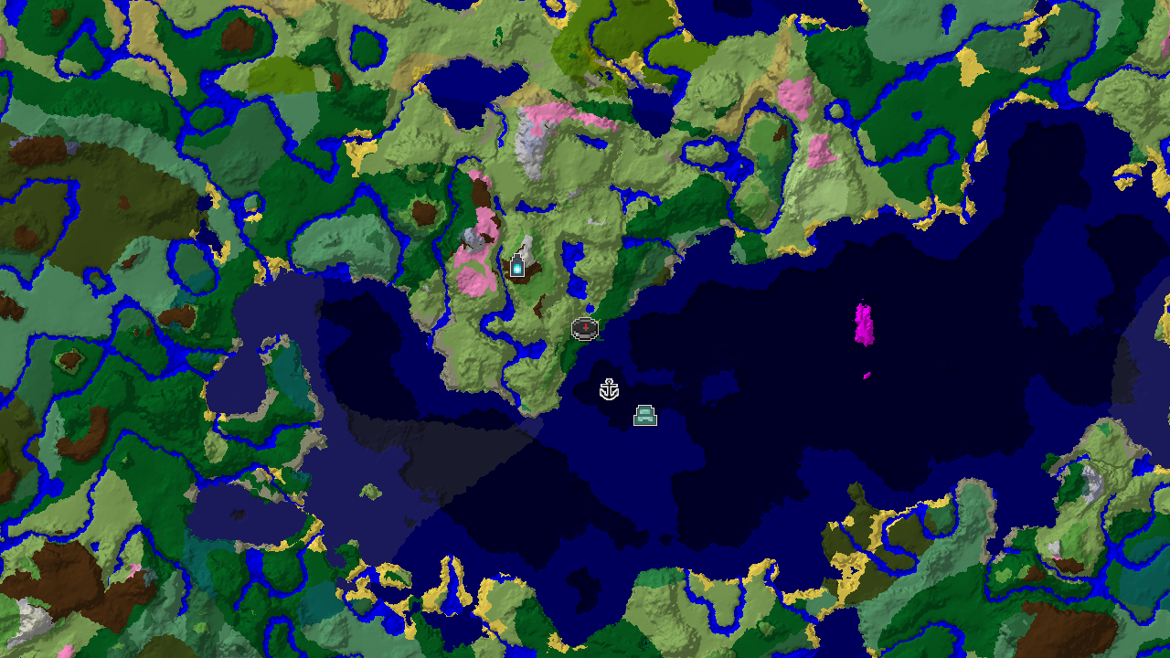 A 2D biome map centered on spawn, showing a large Deep Ocean and Plains area, with markers for a nearby Ancient City, Shipwreck, and Ocean Monument.