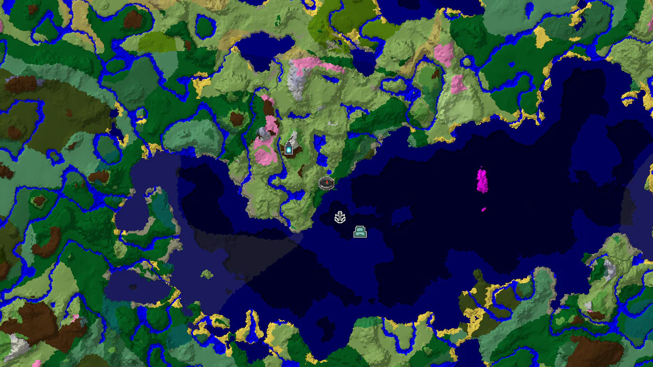 A 2D biome map centered on spawn, showing a large Deep Ocean and Plains area, with markers for a nearby Ancient City, Shipwreck, and Ocean Monument.