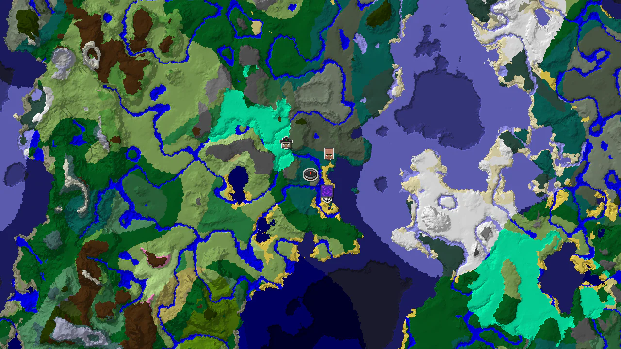 A 2D biome map centered on spawn, showing a taiga and forest landscape with a village marker to the south-east.