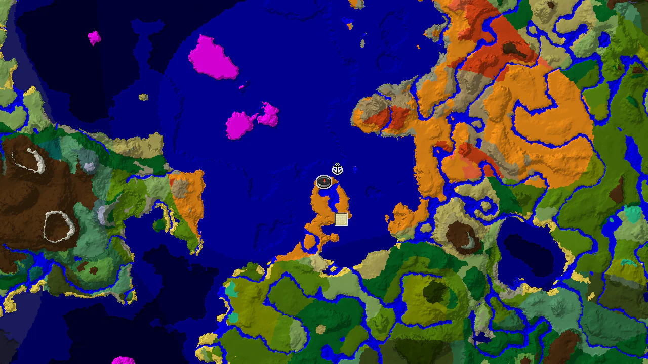 A 2D top-down biome map centered on the spawn point, marked, showing a desert island surrounded by warm ocean with markers for a shipwreck and a desert pyramid.