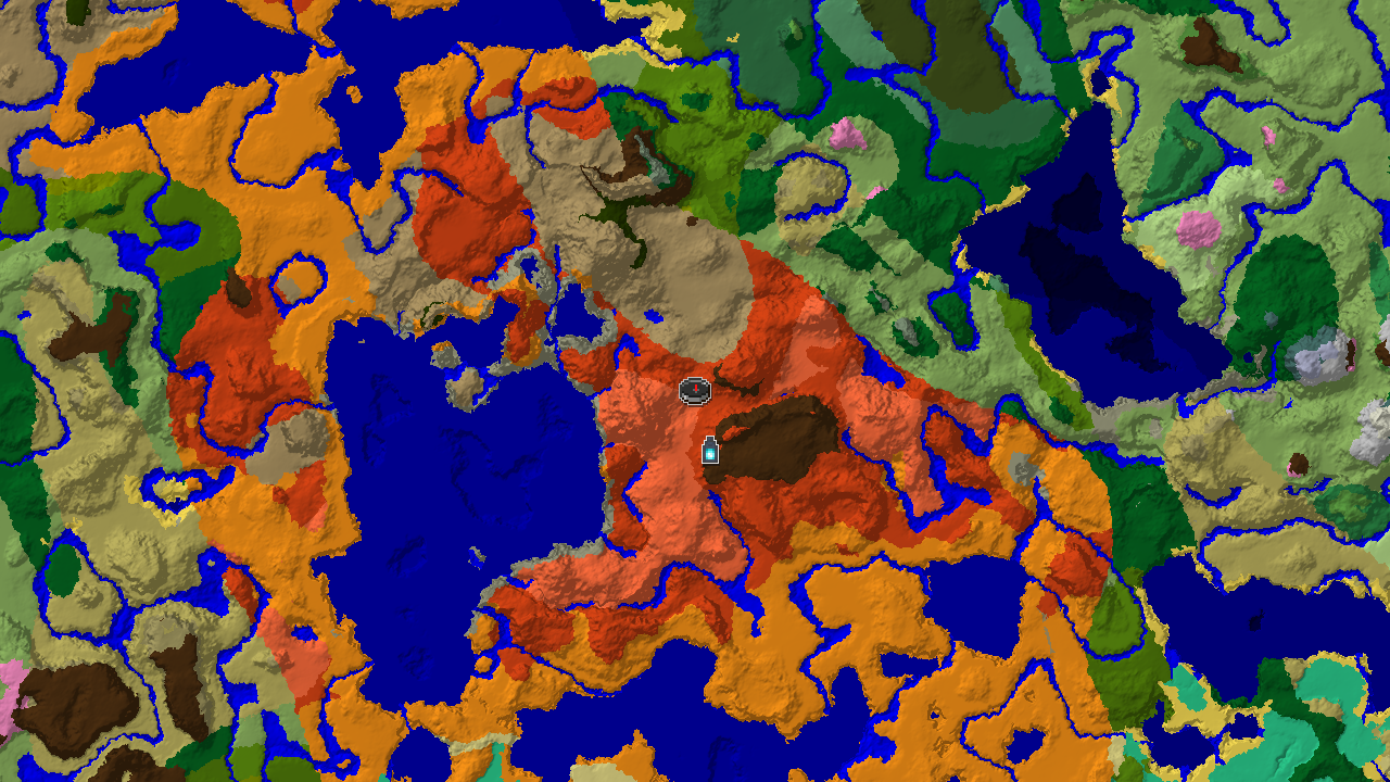 A top-down 2D biome map centered on spawn, showing Badlands, Eroded Badlands, Wooded Badlands, and nearby Warm Ocean, Desert, and Forest biomes, with an Ancient City marker.