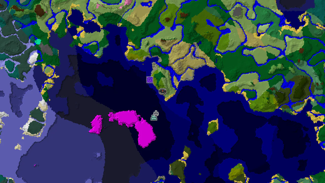 A top-down 2D biome map centered on the spawn point, showing sparse jungle, various ocean biomes, and markers for a ruined portal, shipwreck, and ocean monument.