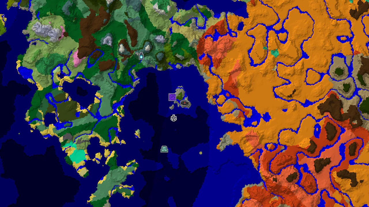 A top-down 2D biome map centered on spawn, showing a Sparse Jungle spawn point surrounded by various ocean biomes, with markers for a Ruined Portal, Shipwreck, Ocean Monument, and Ancient City.