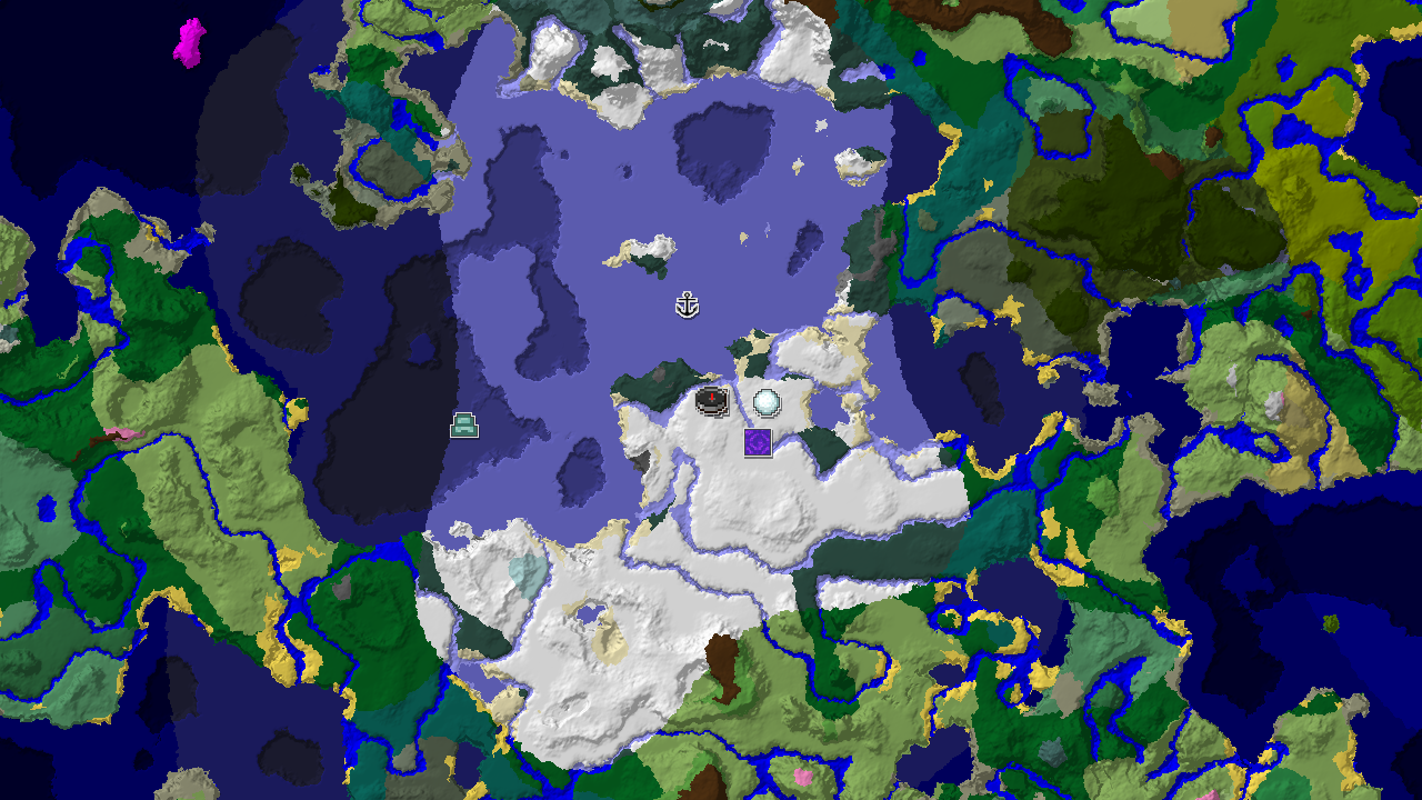 A 2D biome map centered on spawn, showing a snowy plains spawn, a nearby village marker, and large frozen ocean areas.