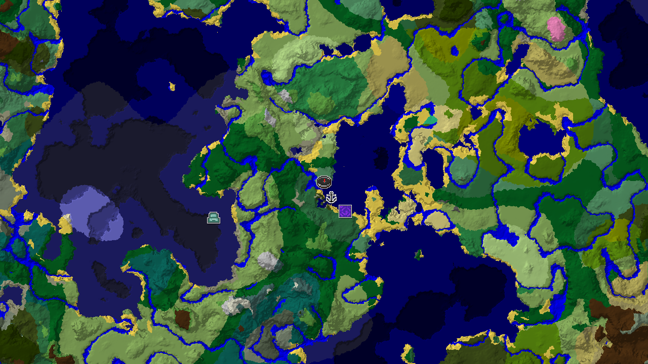 A 2D biome map centered on spawn, showing an Old Growth Birch Forest spawn with a Ruined Portal and Shipwreck nearby, and an Ocean Monument further out.