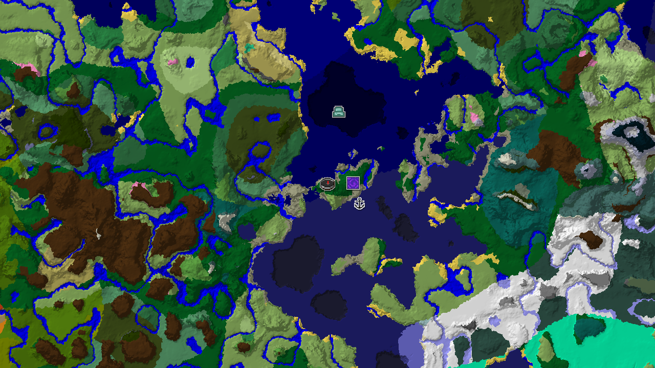 A 2D biome map centered on spawn, showing forest, ocean, and cold ocean biomes, with markers for a ruined portal, shipwreck, and ocean monument.