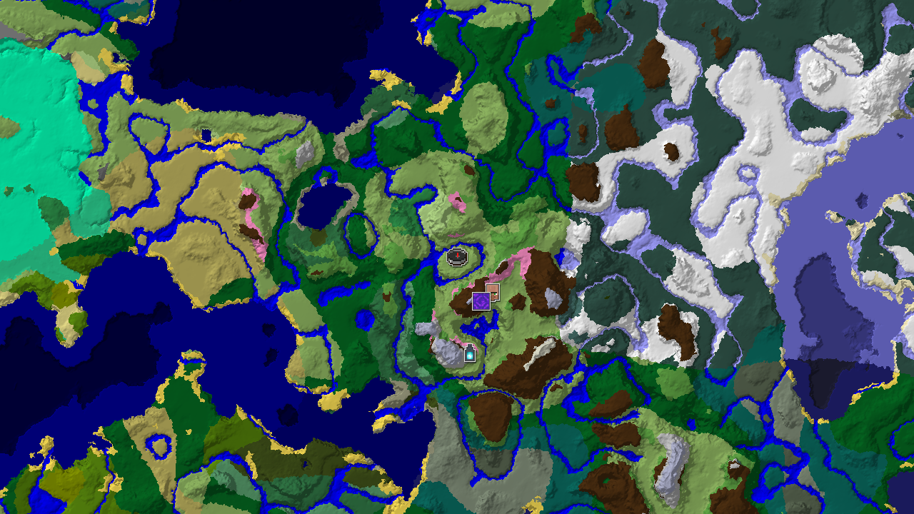 A top-down 2D biome map centered on spawn, showing various biomes including Plains, Forest, and Cherry Grove, with markers for a Village, Ruined Portal, and an Ancient City.
