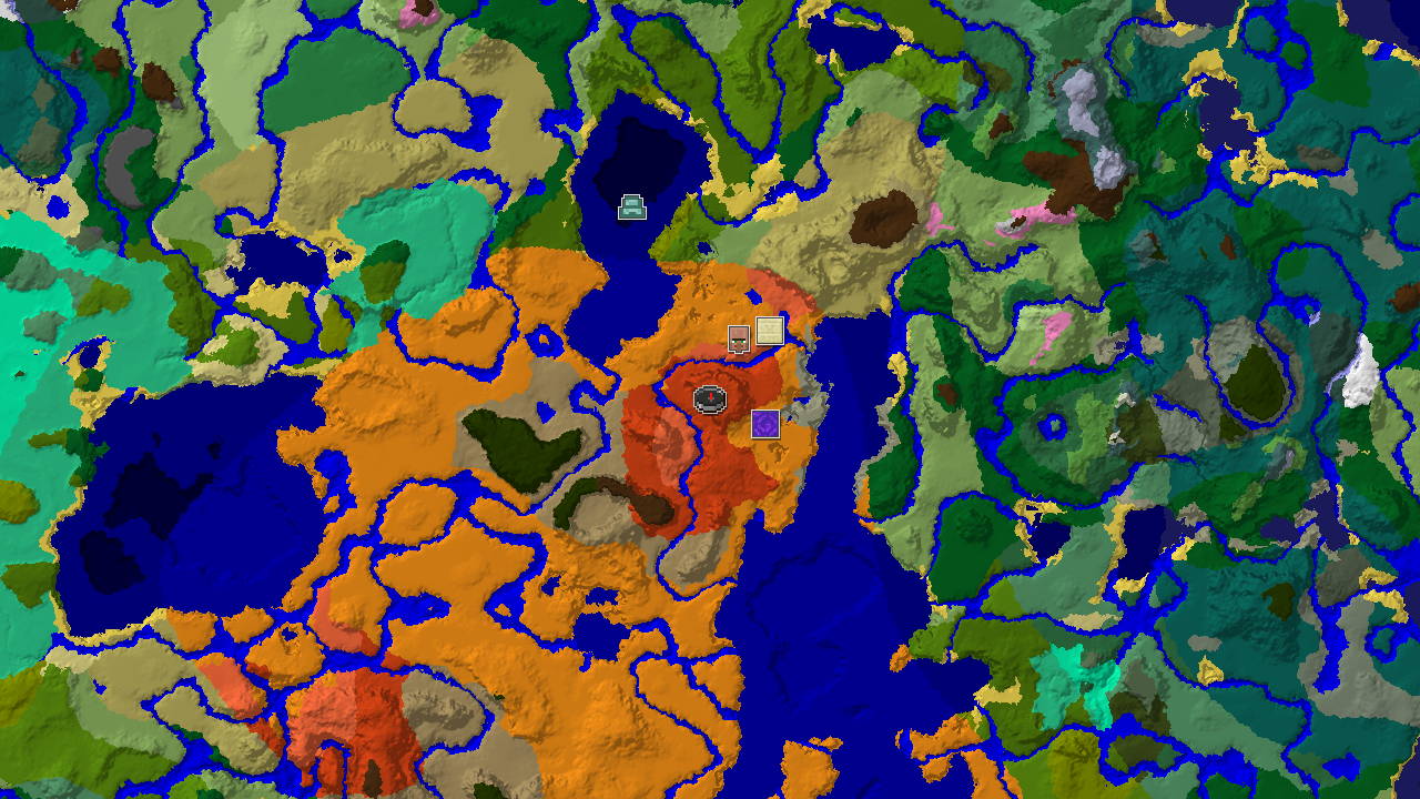 A 2D biome map centered on spawn, showing a large Badlands area, nearby Desert, and Warm Ocean, with markers for a village, ruined portal, and desert pyramid.