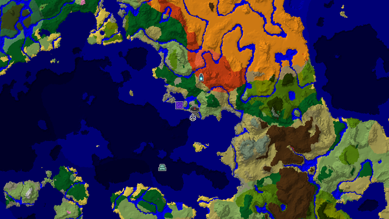 A 2D biome map centered on the spawn point, showing markers for an ancient city, shipwreck, and ruined portal, surrounded by various biomes including ocean, forest, and badlands.