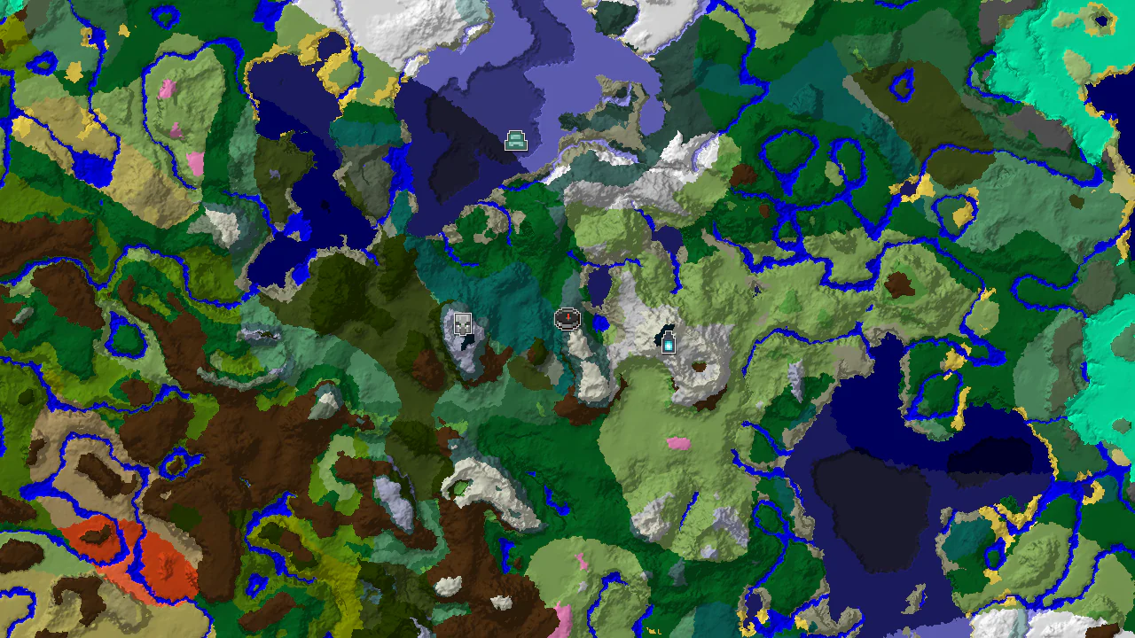 A 2D biome map centered on spawn, showing snowy mountain biomes like Grove and Jagged Peaks, with markers for a Pillager Outpost and an Ancient City.
