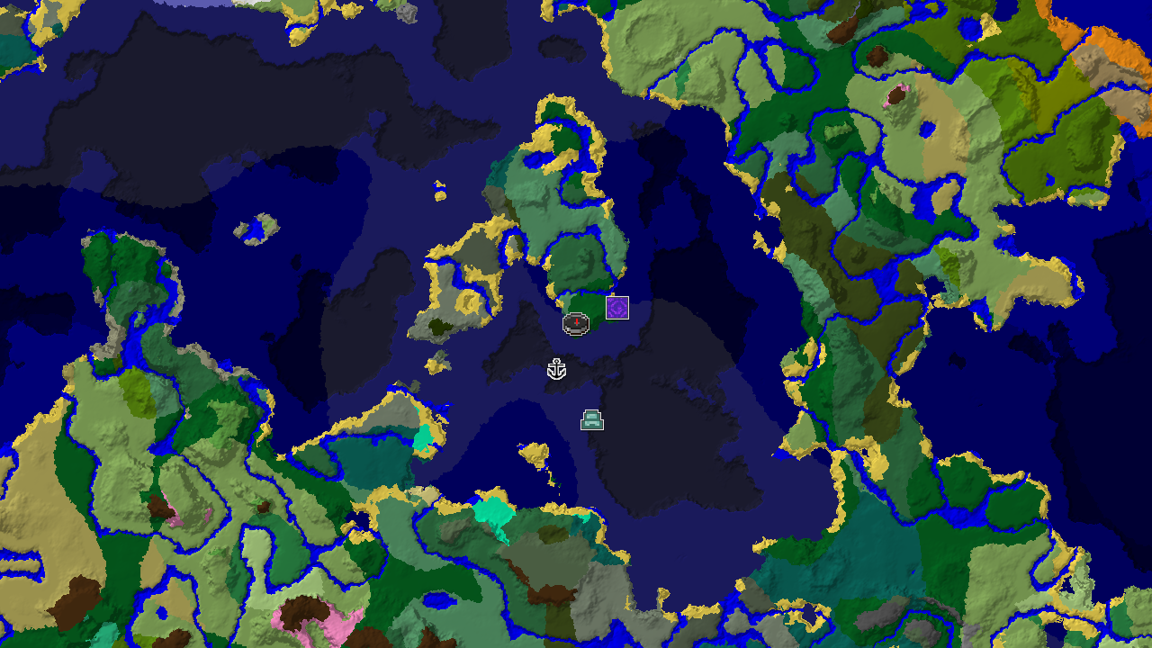 A 2D biome map centered on spawn, showing a large expanse of Cold Ocean and Ocean biomes surrounding a smaller landmass with Forest and Old Growth Birch Forest. Markers indicate a Ruined Portal, Shipwreck, and Ocean Monument.