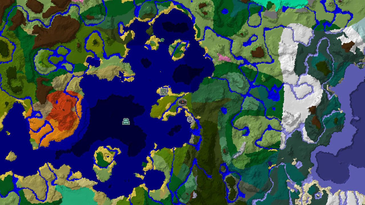 A 2D biome map centered on spawn, showing a vibrant green jungle, nearby dark forest, and various ocean biomes.