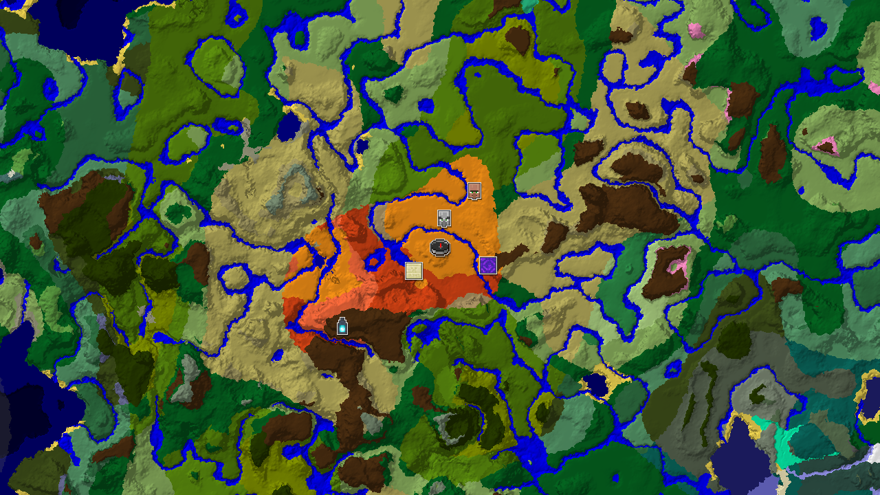A 2D biome map centered on spawn, showing desert, savanna, jungle, and badlands, with markers for a pillager outpost, desert pyramid, ruined portal, village, and ancient city.
